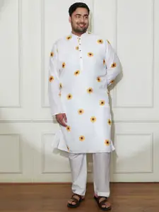 VASTRAMAY Plus Size Floral Printed Mandarin Collar Pure Cotton Straight Kurta With Pyjamas