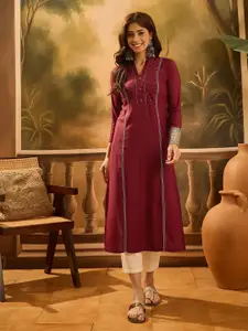 Sangria Striped Embroidered Mandarin Collar Straight Kurta