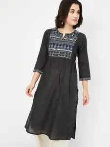 max Floral Yoke Design Notch Neck Thread Work A-Line Kurta