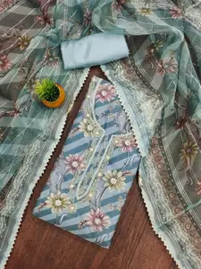 KIMISHA Floral Printed Beads and Stones Organza Unstitched Dress Material