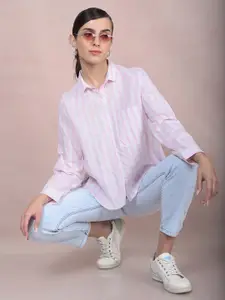 Crimsoune Club Women Spread Collar Vertical Striped Cotton Casual Shirt