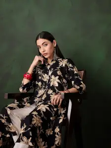 Sangria Women Floral Printed Mock Neck Front Slit A-Line Kurta