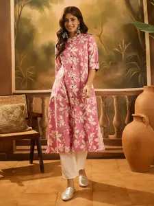 Sangria Floral Printed Mandarin Collar Pure Cotton A-Line Kurta