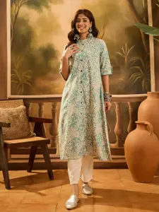 Sangria Floral Printed Mandarin Collar Pure Cotton A-Line Kurta