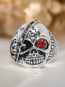 The Roadster Lifestyle Co. Men Stainless Steel Stone Studded Vintage Gothic Skull Ring