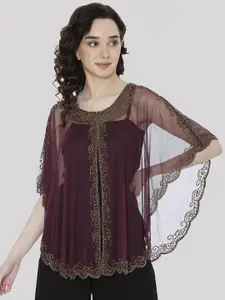 HAUTEMODA Beads Embroidered Poncho Cape Net Shrug