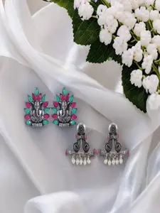 Sangria Set Of 2 Silver Plated Stone Studded Ganesh & Peacock Contemporary Shaped Studs