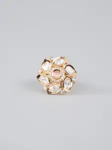 AURAA TRENDS Gold-Plated Kundan Studded & Beaded Floral Moissanite Ring