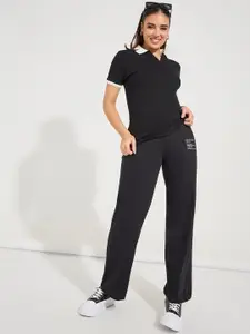 Styli Printed Rib Polo T-Shirt & Wide Leg Trousers
