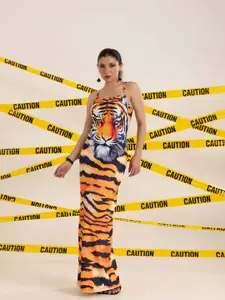 TANDUL Animal Printed Satin Maxi Dress