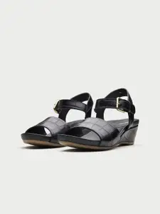 Oroh Leather Textured Square Toe  Wedge Sandals with Buckles