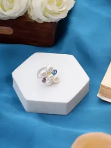 DIAVO 925 Sterling Silver Rhodium-Plated Pearl Beaded & Studded Finger Ring