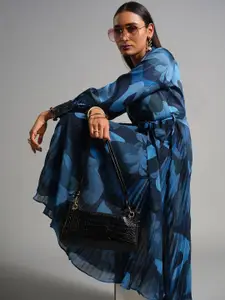 AND Floral Printed Accordion Pleats Detail Wrap Midi Dress