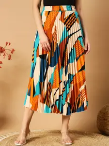 OTABU Abstract Printed Accordion Pleated A-Line Midi Skirt