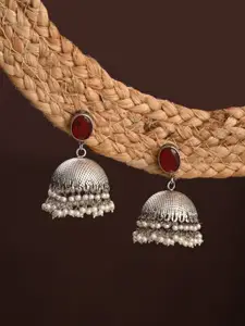 Anvik Silver-Plated Artificial Beaded & Gemstones Studded Dome Shaped Oxidised Jhumkas