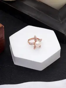 DIAVO 925 Sterling Silver Lily Bloom Rose Gold-Plated Pearl Beaded Finger Ring