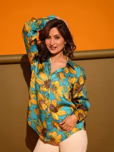 DIMPLE DESIGN STUDIO Women Spread Collar Floral Printed Satin Casual Shirt