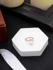 DIAVO 925 Sterling Silver Rose Gold-Plated Pearl Beaded Adjustable Finger Ring
