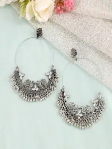 Sangria Silver Plated Artificial Stone Studded & Beaded Peacock Dangle Hoop Earrings