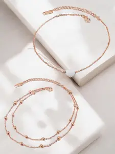 DressBerry Set of 2 Gold-Plated Heart & Beads Multi Layer Anklets