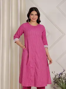 Aramya Striped Round Neck Kantha Cotton A-Line Kurta