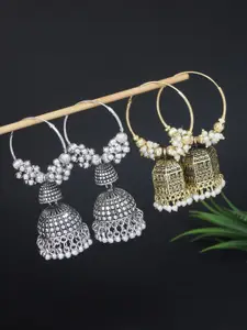 I Jewels Set Of 2 Gold-Plated Artificial Pearls Beaded Dome Shaped Oxidised Jhumkas