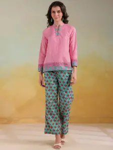 Sangria Striped Mandarin Collar Pure Cotton Top With Trousers