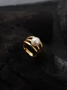 DIAVO 925 Sterling Silver Gold-Plated Pearl Beaded Adjustable Finger Ring