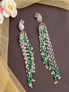 Sangria Silver-Plated Pearl Beaded Peacock Shaped Ethnic Long Tassel Jhumkas
