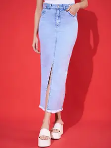 Purple Feather Women Straight Fit Long Denim Skirt