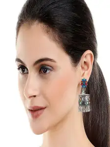 Sangria Silver Plated Artificial Stones Studded & Beaded Dome Shaped Jhumka