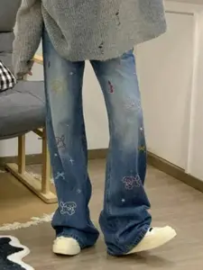 StyleCast Men Wide Leg Mildly Distressed Heavy Fade Embroidered Jeans