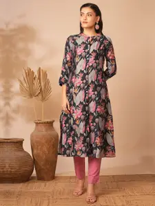 FASHOR Floral Printed High Slit Mandarin Collar Pure Cotton A-Line Kurta