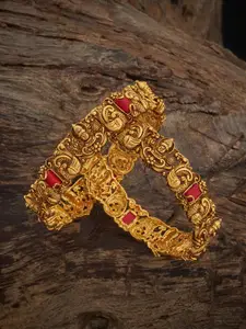 Kushal's Fashion Jewellery Set Of 2 Gold-Plated Coral Ethnic Antique Bangles
