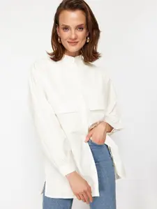 Trendyol Women Relaxed Fit Band Collar Solid Cotton Casual Shirt