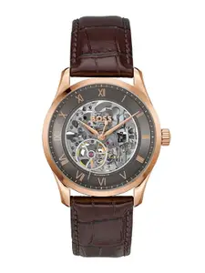 BOSS Men Dial & Leather Textured Straps Analogue Automatic Solar Powered Watch