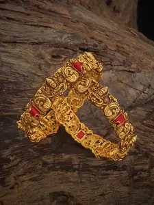 Kushal's Fashion Jewellery Set Of 2 Gold-Plated Coral Studded Ethnic Antique Bangles