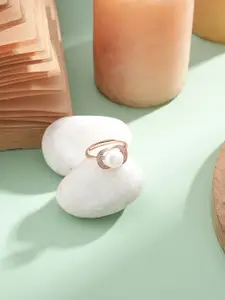 DIAVO 925 Sterling Silver Rose Gold-Plated Cubic Zircon Studded Pearl Beaded Finger Ring