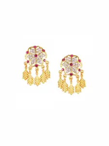 DIVASTRI Gold-Plated Cubic Zirconia Studded Floral Shaped Drop Earrings