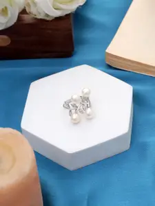 DIAVO 925 Sterling Silver Rhodium-Plated Pearl Beaded & Cubic Zircon Studded Finger Ring