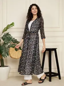 Fbella Floral Printed Longline Ethnic Tie-Up Shrug