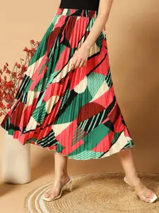 OTABU Women Abstract Printed Accordion Pleated A-Line Midi Skirt