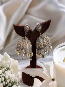 Sangria Silver-Plated Oxidised Artificial Stones Studde & Beaded Dome Shaped Jhumka