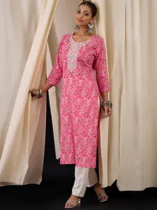 Anouk Paisley Printed Thread Work Cotton Straight Kurta