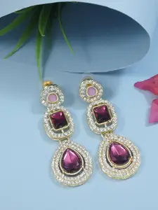 I Jewels Gold-Plated Artificial Stones Studded Teardrop Shaped Drop Earrings