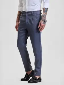 Snitch Men Greyish Blue Self-Design Slim Fit Trousers