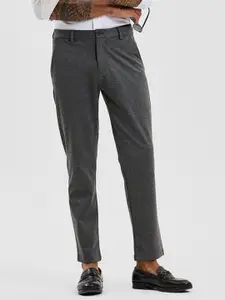 Snitch Men Charcoal Grey Self Design Textured Slim Fit Trousers