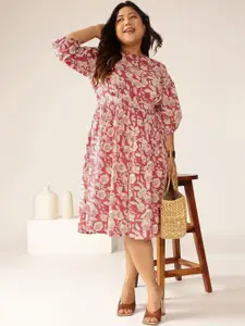 Janasya Women Plus Size Mauve Pure Cotton Floral Printed Gathered Dress