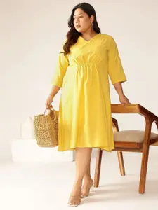 Janasya Women's Plus Size Yellow Linen Cotton Solid A-line Dress