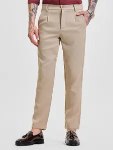 Snitch Men Beige Self-Design Slim Fit Trousers